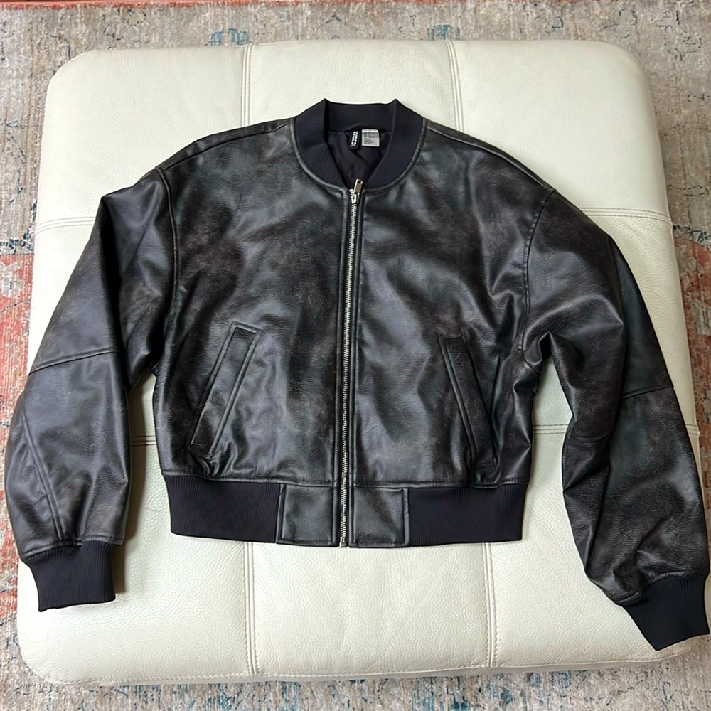H&M Distressed Faux Leather Bomber Jacket Sz Small